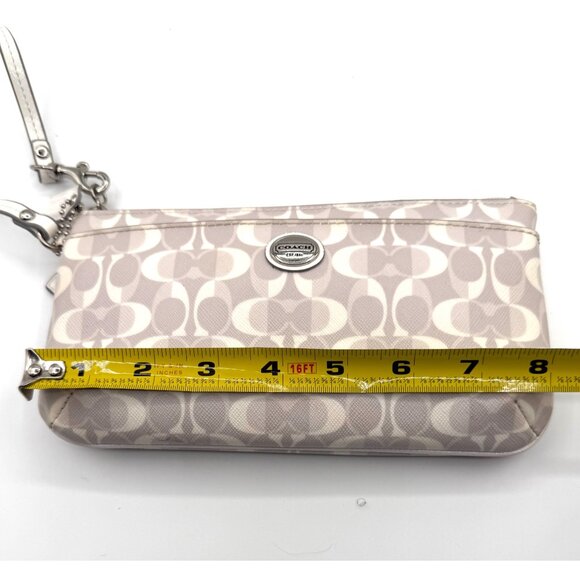 Coach Signature Ivory Taupe Coated Canvas Wristlet Gray Satin Lining Classic - Picture 12 of 15